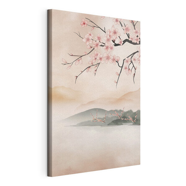 Painting of a tree branch with pink flowers
