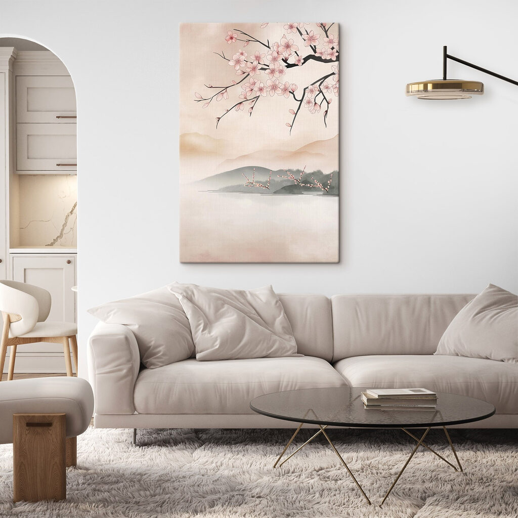 Painting of a tree branch with pink flowers