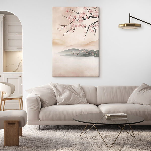 Painting of a tree branch with pink flowers