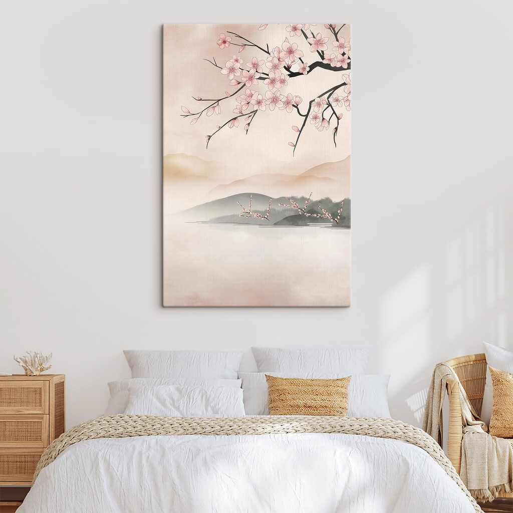 Painting of a tree branch with pink flowers