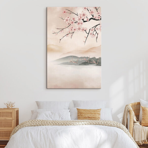 Painting of a tree branch with pink flowers