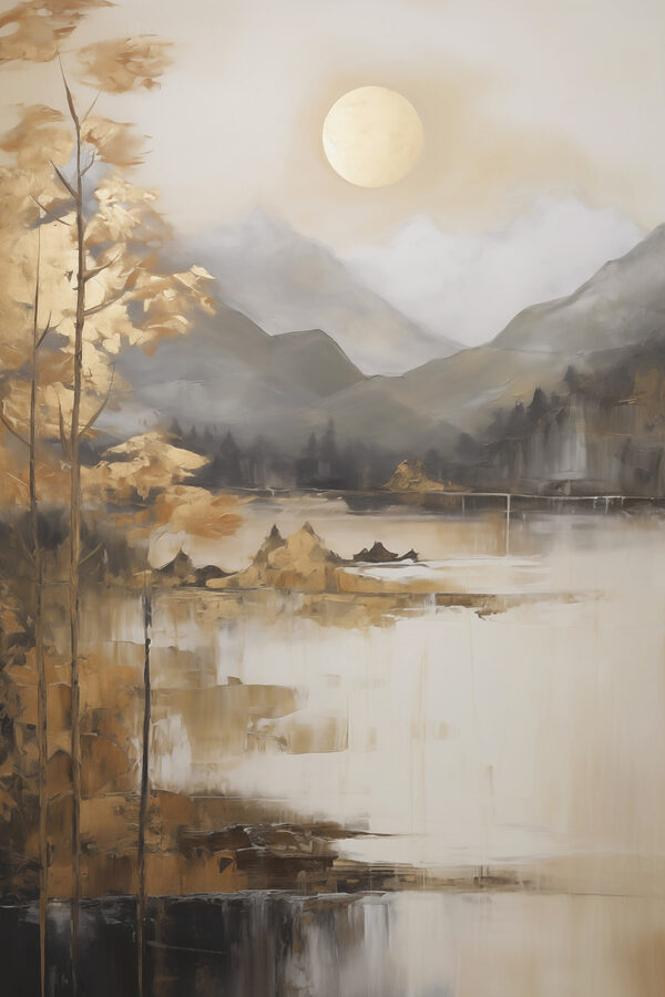 Painting of a lake with mountains and trees