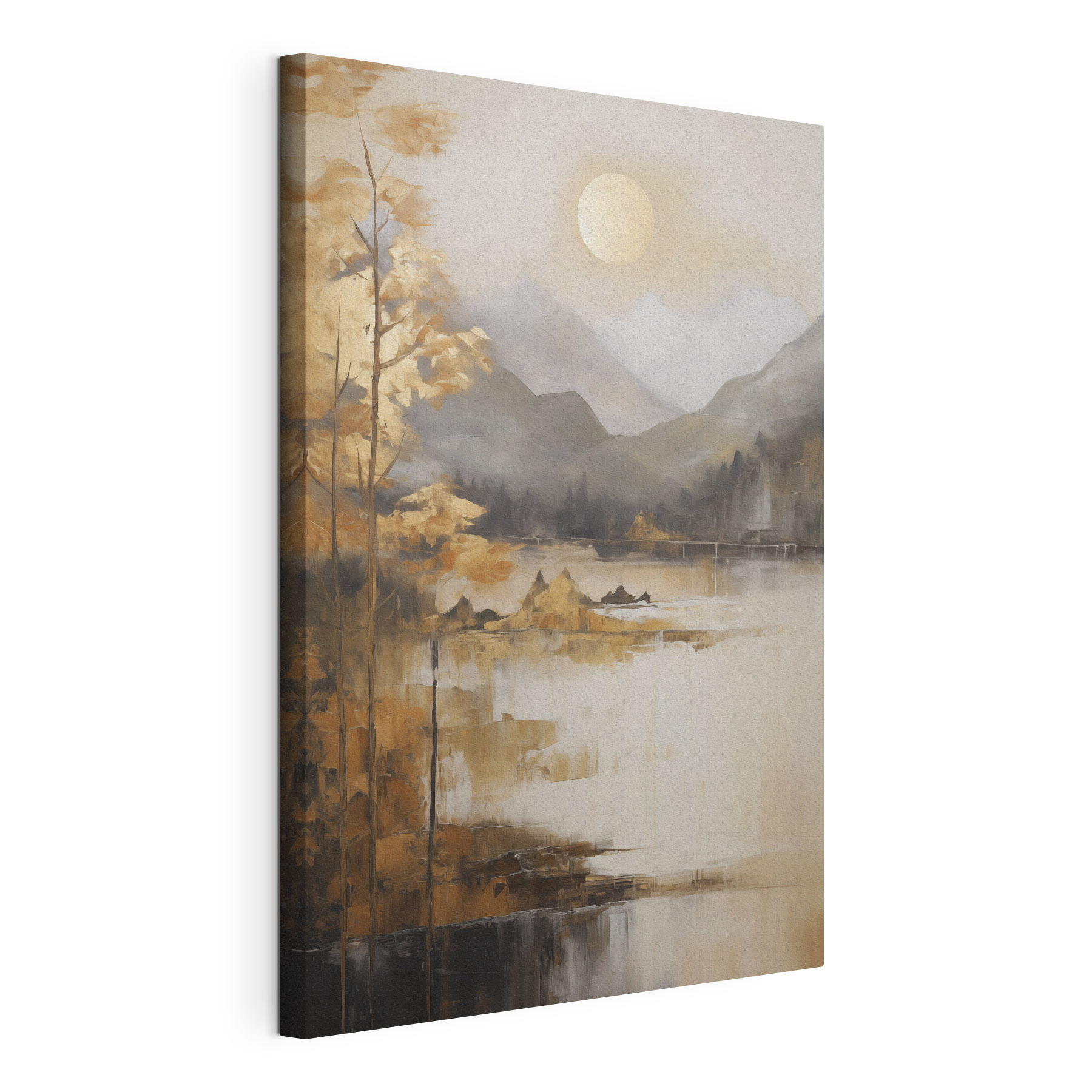 Painting of a lake with mountains and trees