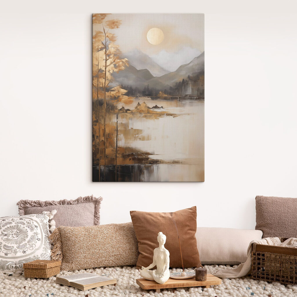 Painting of a lake with mountains and trees