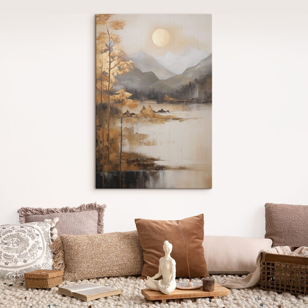 Painting of a lake with mountains and trees