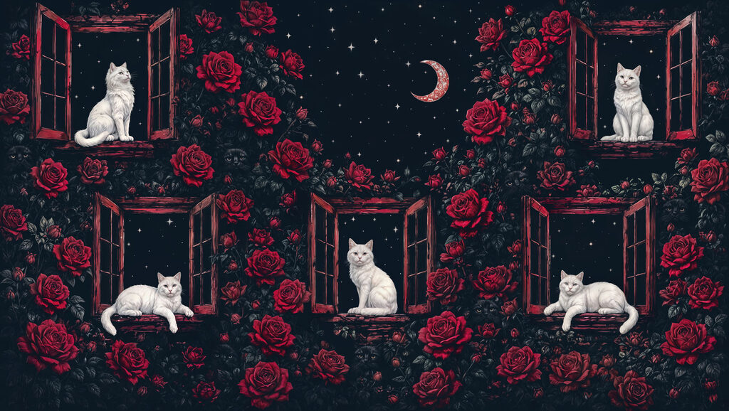 Group of cats sitting on windows in roses Group of cats sitting on windows in roses