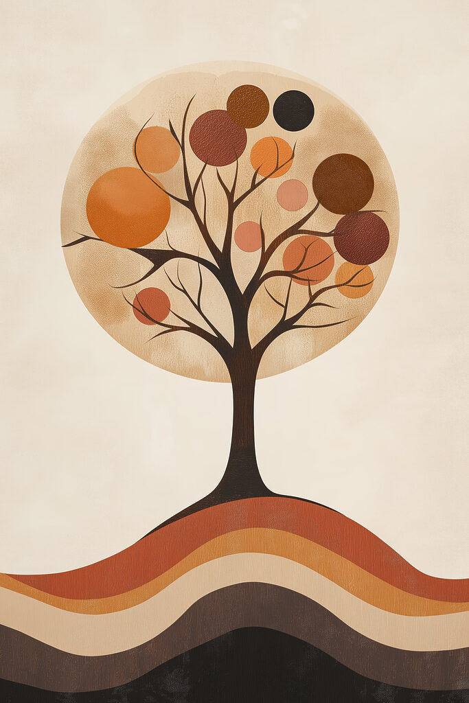 Tree with orange circles and a brown and white circle