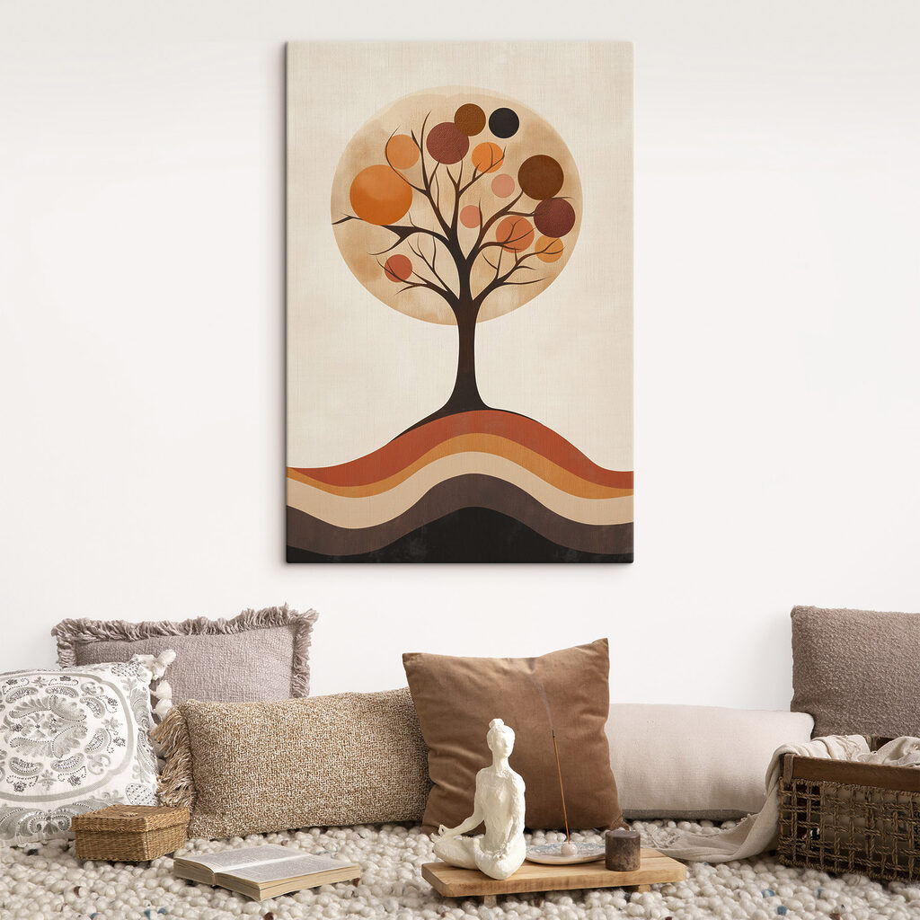 Tree with orange circles and a brown and white circle