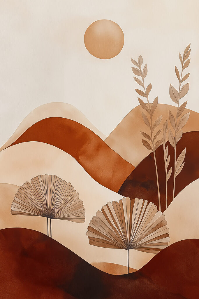 Painting of a landscape with plants and hills