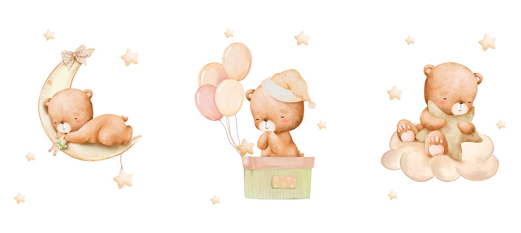 Teddy bear in a box with balloons