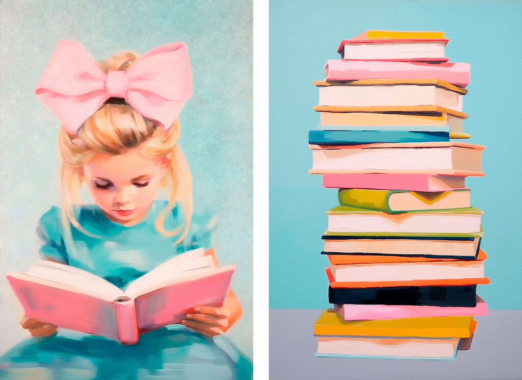 Girl reading a book and a stack of books
