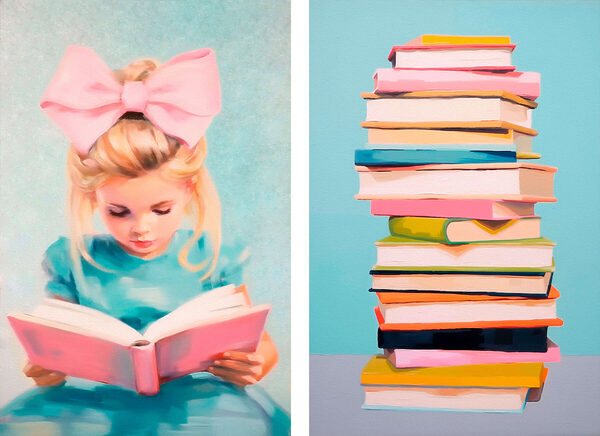 Girl reading a book and a stack of books