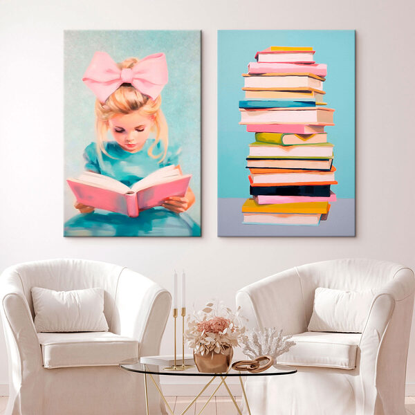 Girl reading a book and a stack of books