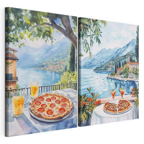 Akvarellfestmény, amelyen egy asztal látható, rajta pizzákkal és italokkal Moduláris vászonnyomat Akvarellfestmény, amelyen egy asztal látható, rajta pizzákkal és italokkal