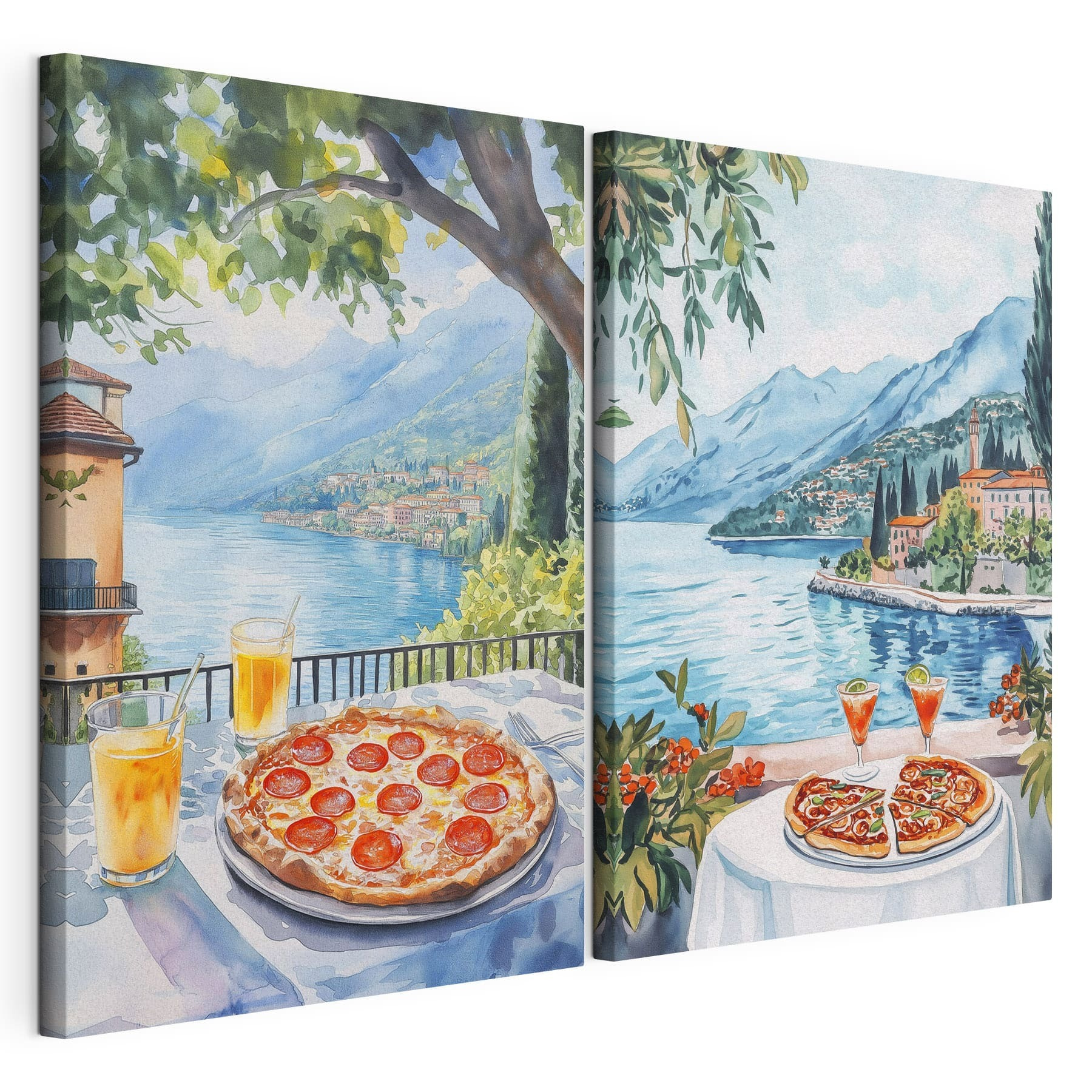 Watercolor painting of a table with pizzas and drinks on it