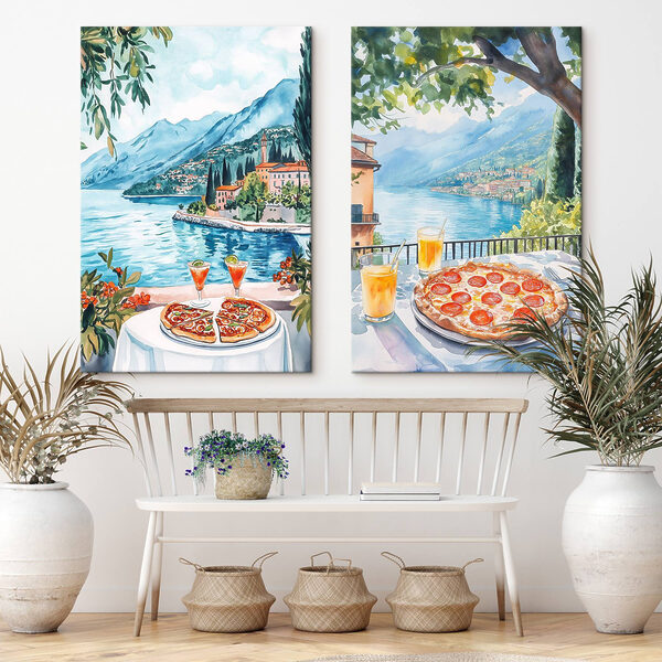 Watercolor painting of a table with pizzas and drinks on it