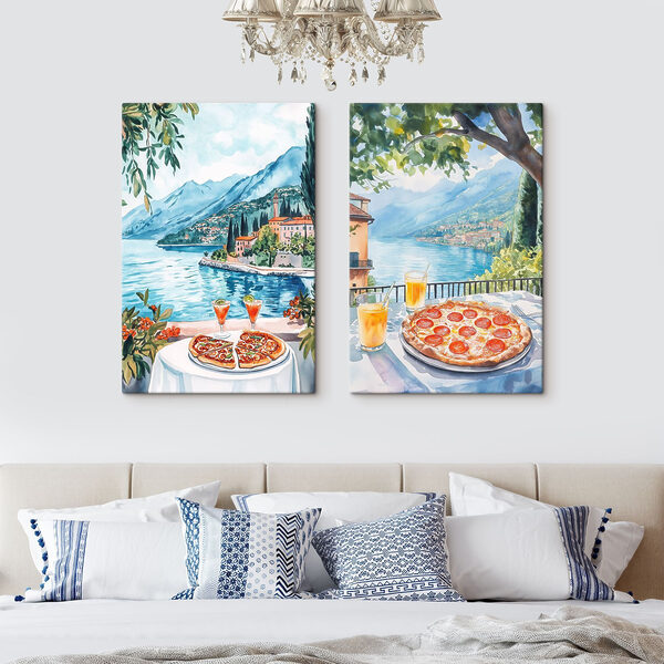 Watercolor painting of a table with pizzas and drinks on it