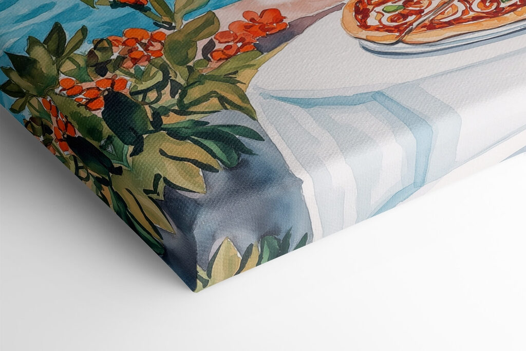 Watercolor painting of a table with pizzas and drinks on it