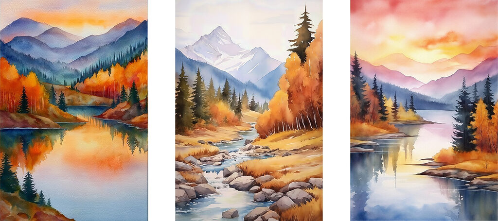 Group of paintings of a river and mountains Group of paintings of a river and mountains