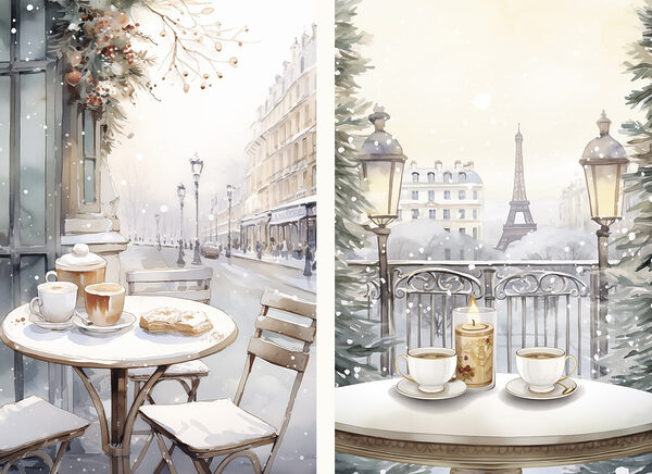 Painting of a street with a table and chairs