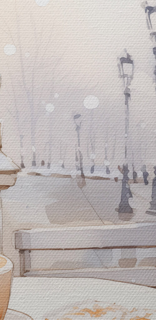 Painting of a street with a table and chairs