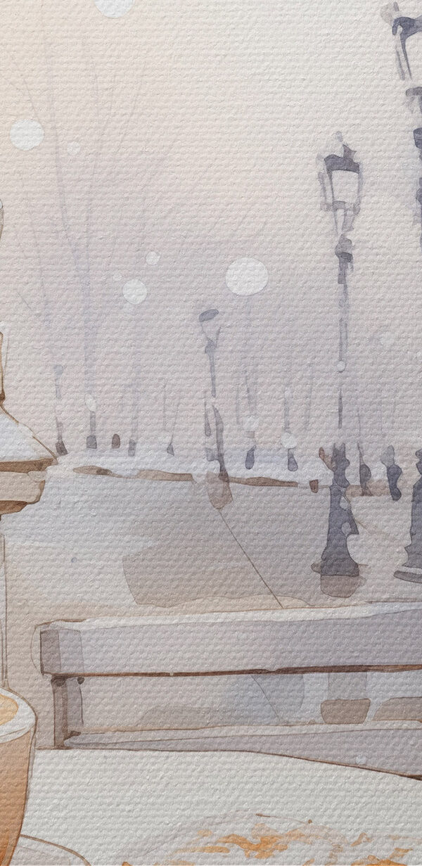Painting of a street with a table and chairs
