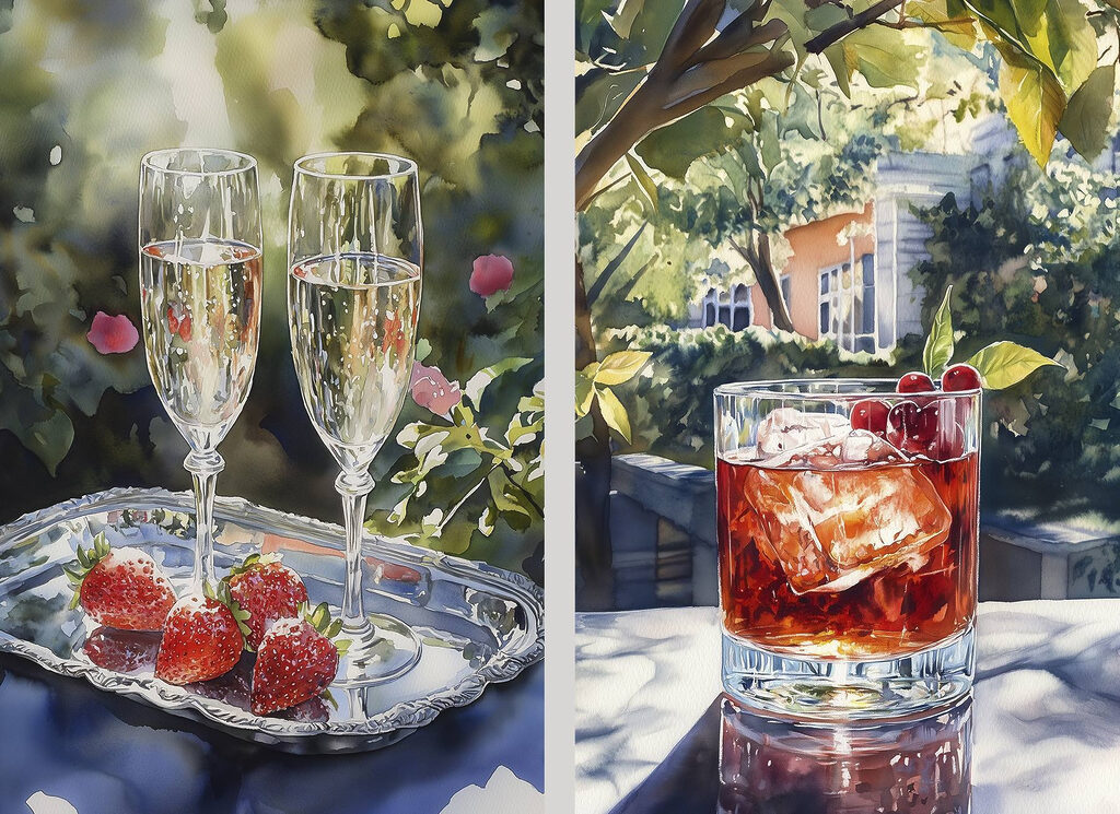 Watercolor painting of glasses of wine and strawberries