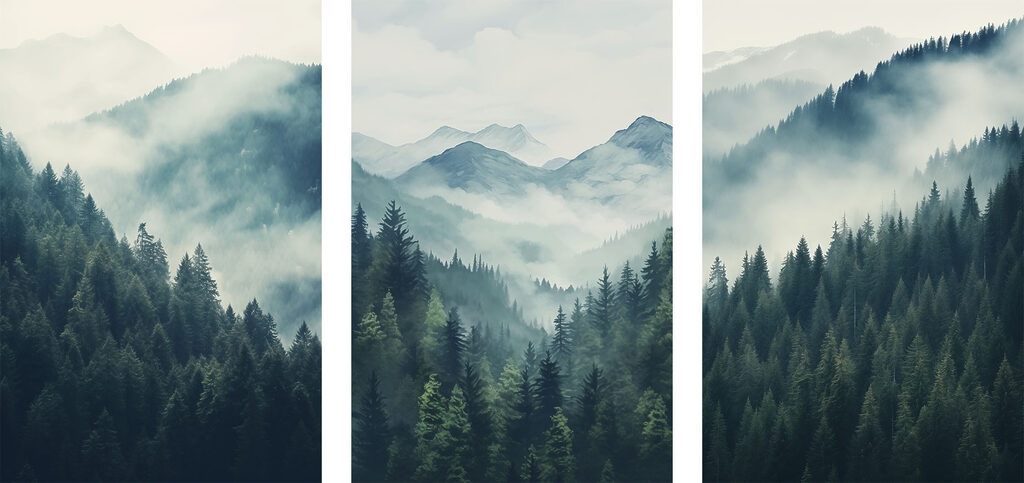 Group of mountains with trees and fog Group of mountains with trees and fog