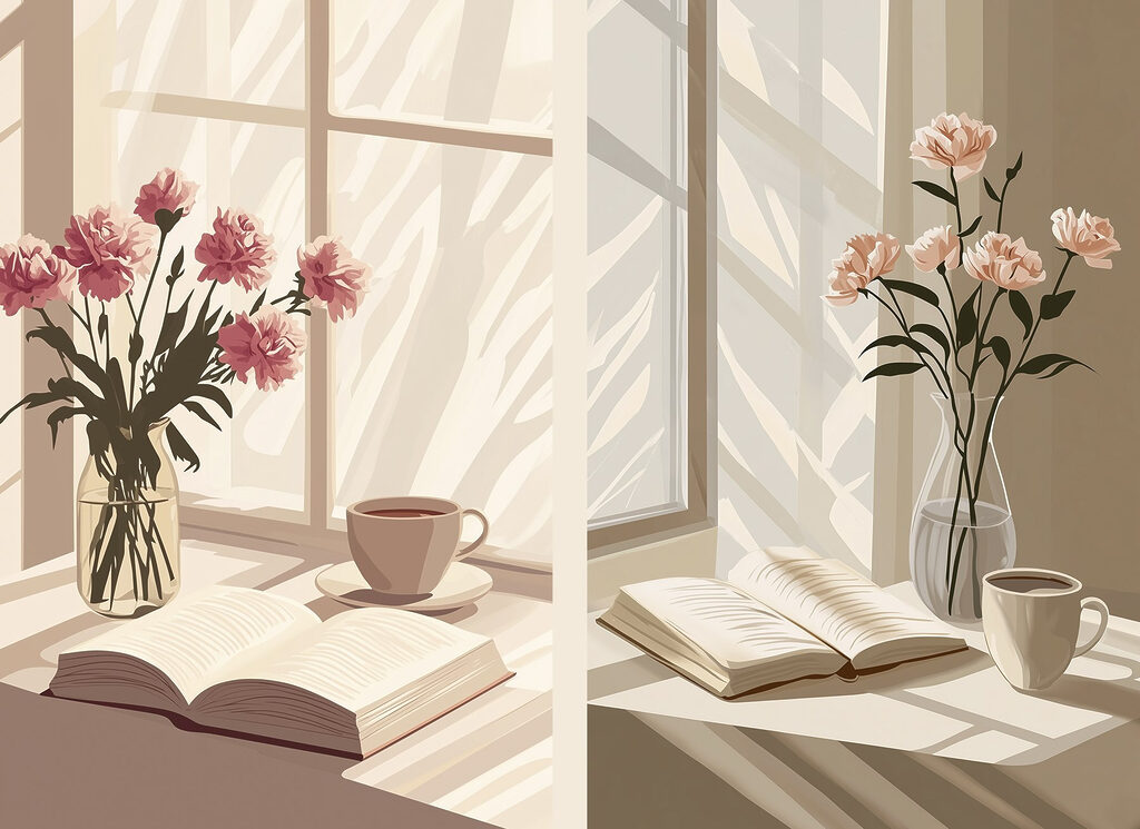 Vase of flowers and a book on a window sill