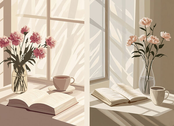 Vase of flowers and a book on a window sill