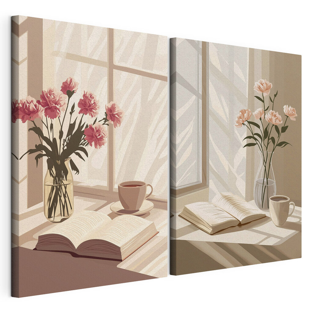 Vase of flowers and a book on a window sill