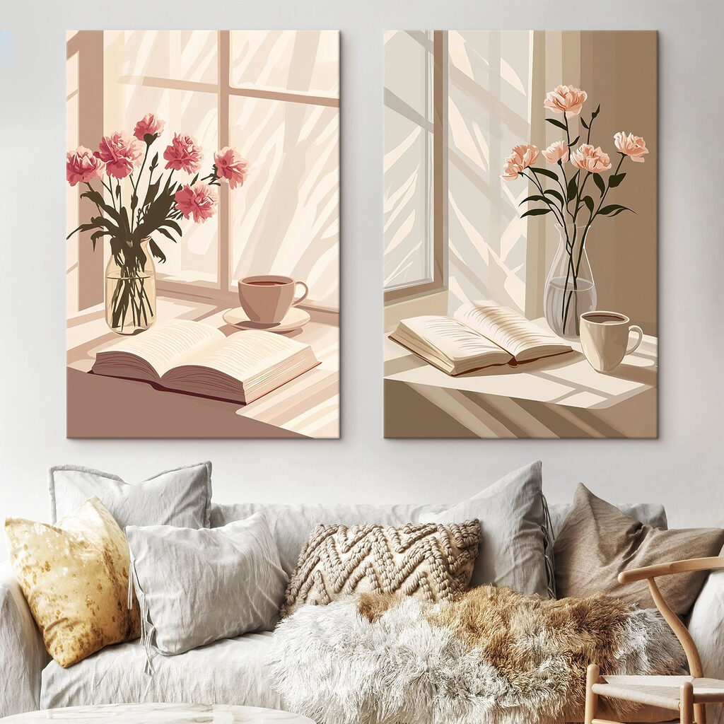 Vase of flowers and a book on a window sill