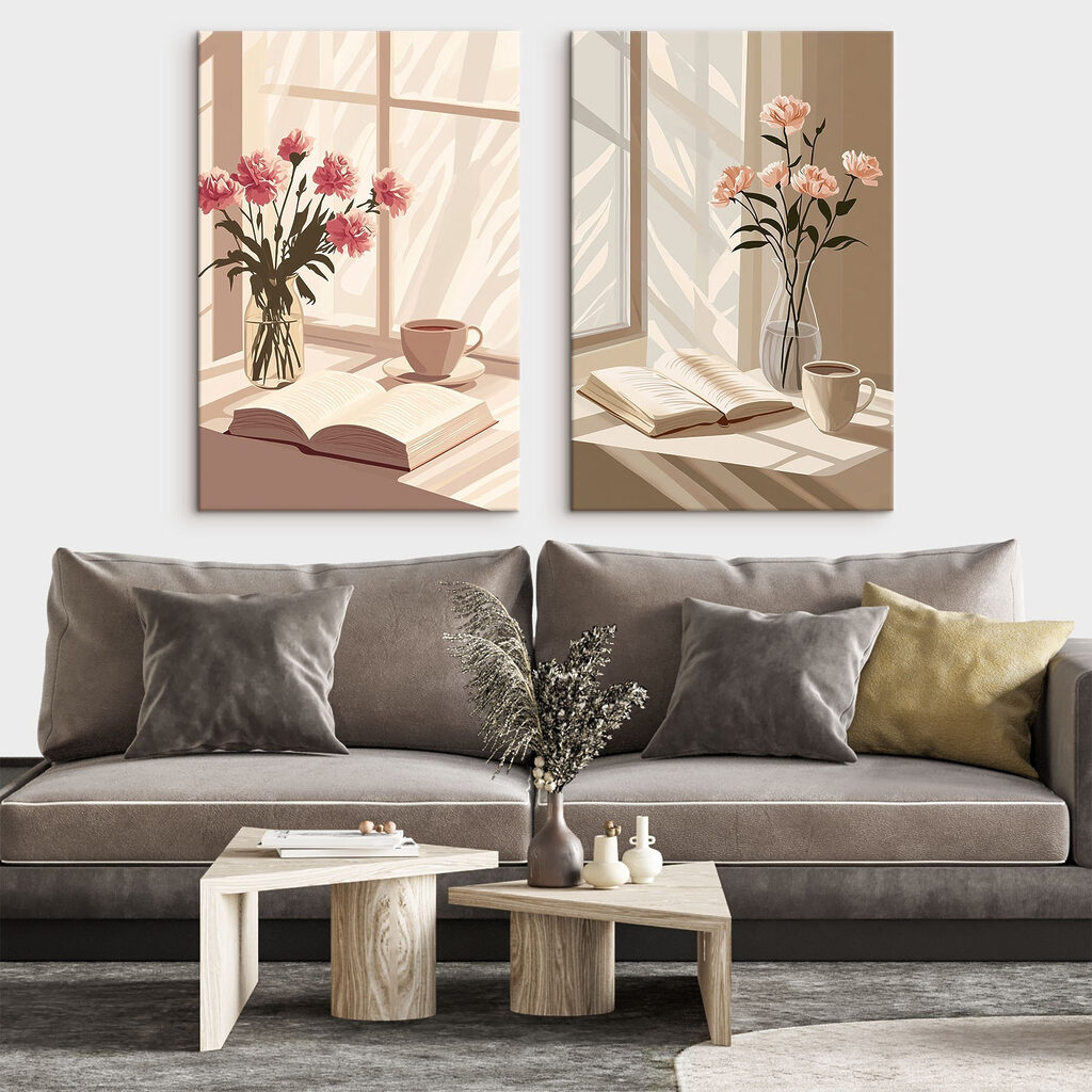 Vase of flowers and a book on a window sill