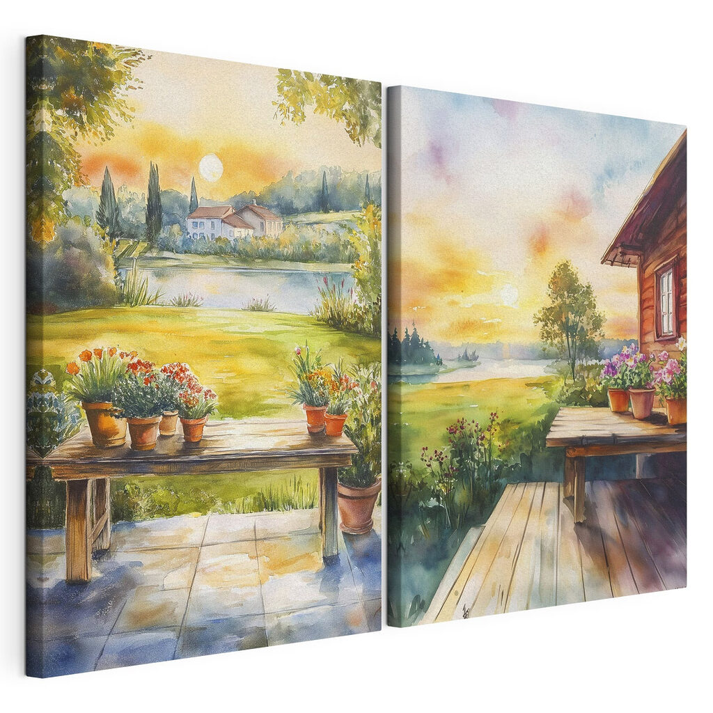 Watercolor painting of a house and a table with flowers