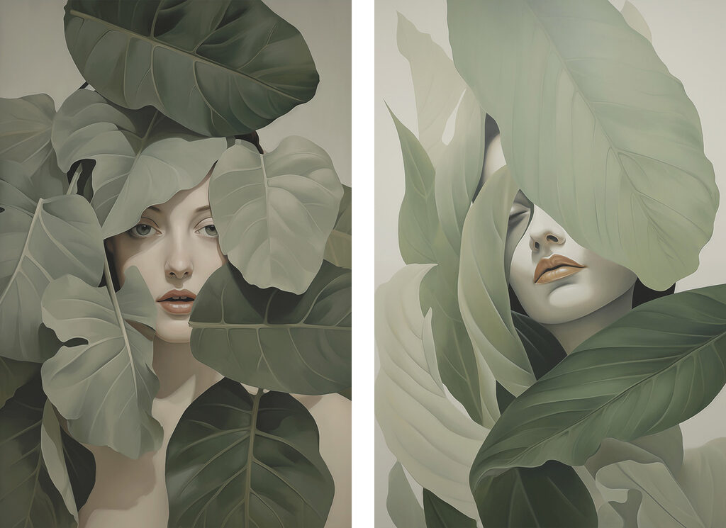 Woman's face surrounded by leaves