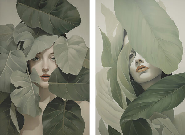 Woman's face surrounded by leaves