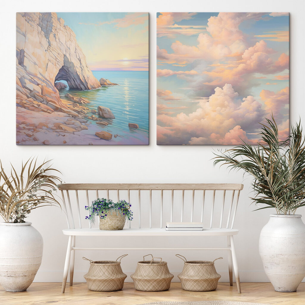 Painting of a beach and a rocky shore