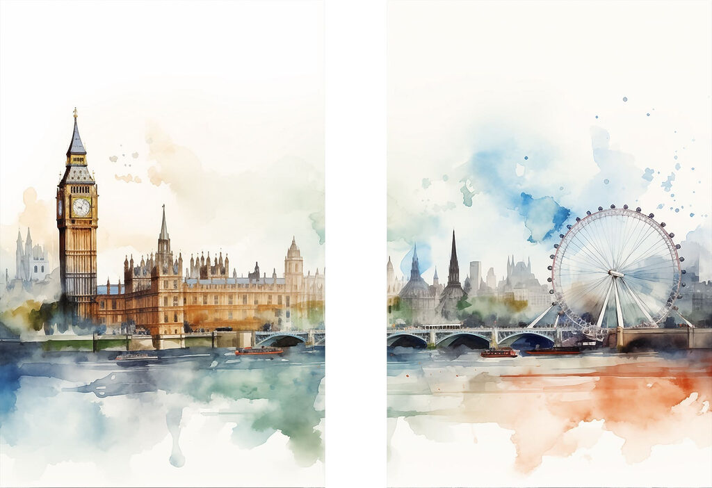 Watercolor of a city and a ferris wheel Watercolor of a city and a ferris wheel