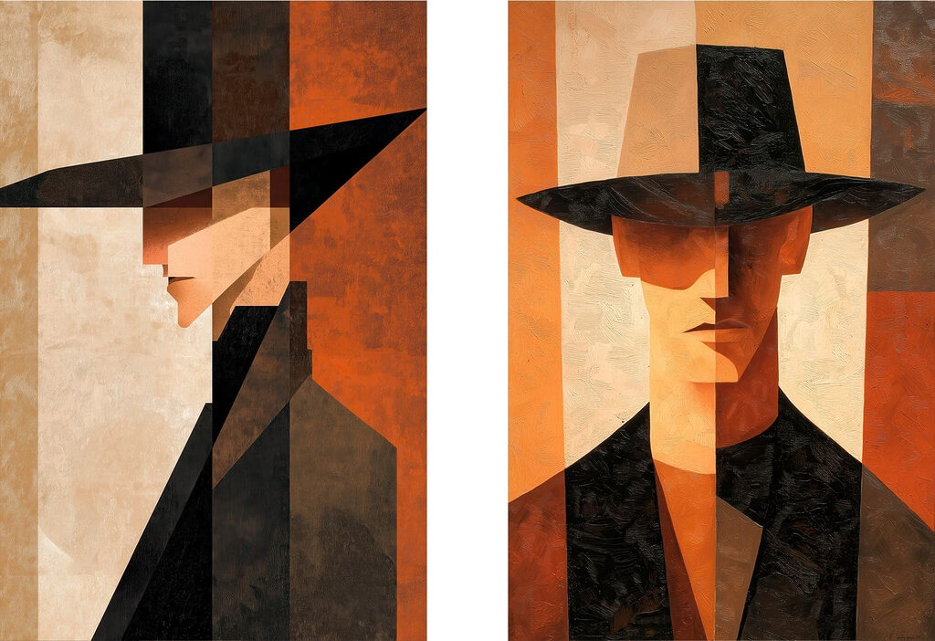 Couple of paintings of a man in a hat