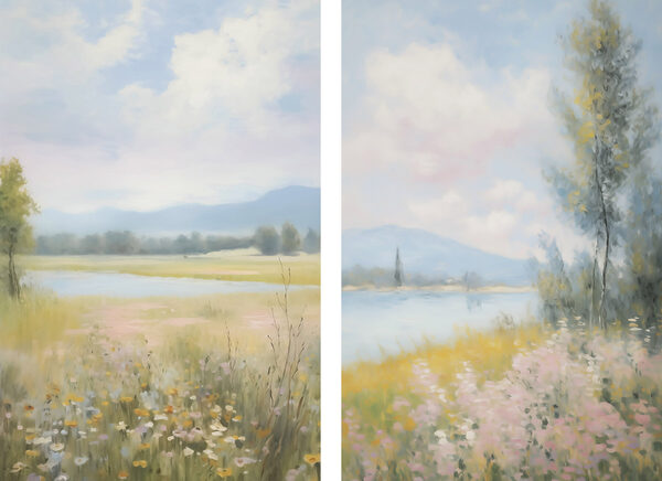 Painting of a landscape with a river and a field of flowers Painting of a landscape with a river and a field of flowers
