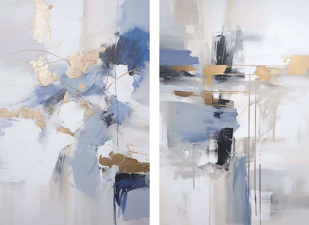Two paintings of blue and white