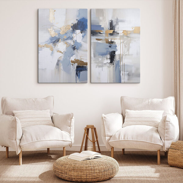 Two paintings of blue and white