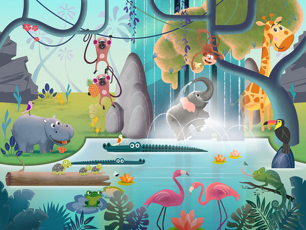 Cartoon of animals in a pond Cartoon of animals in a pond
