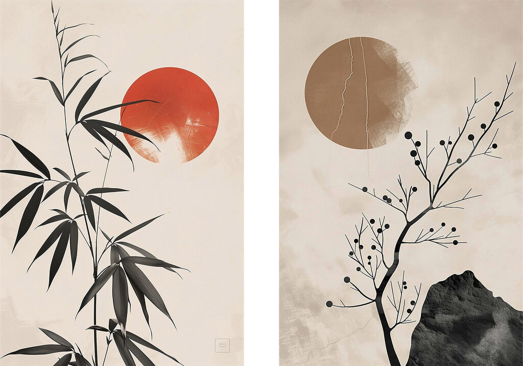 Two images of plants and a red sun Two images of plants and a red sun