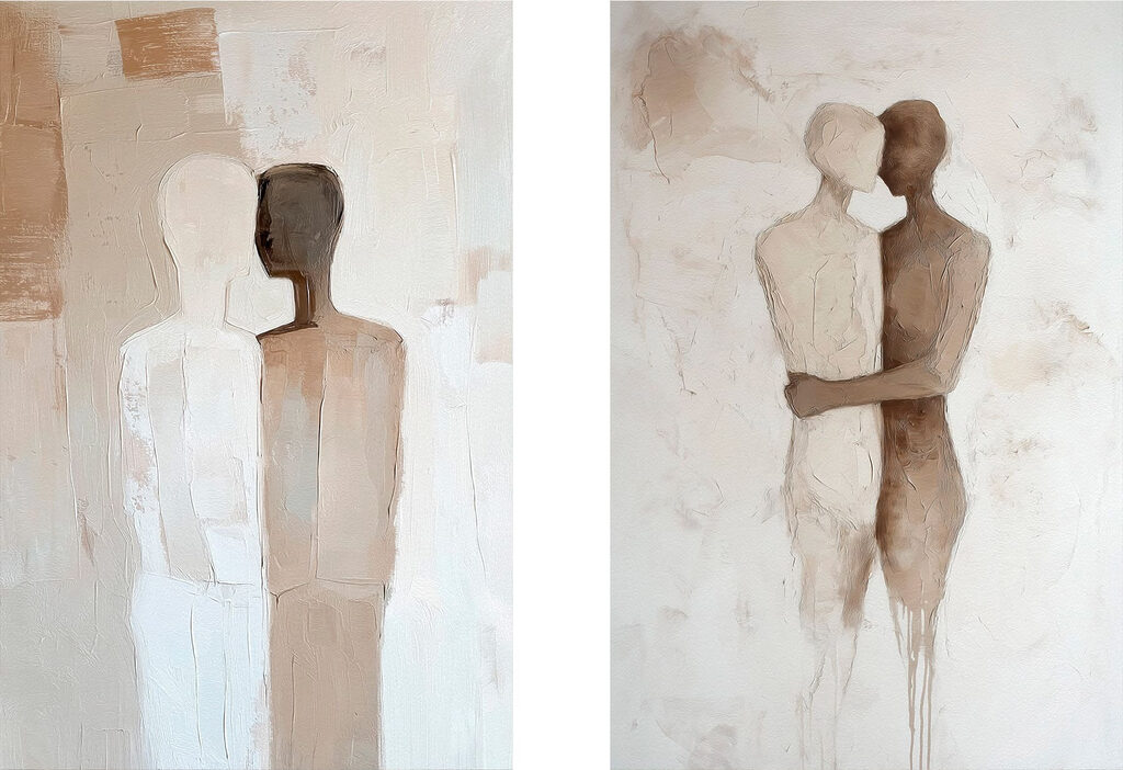 Two paintings of people hugging each other