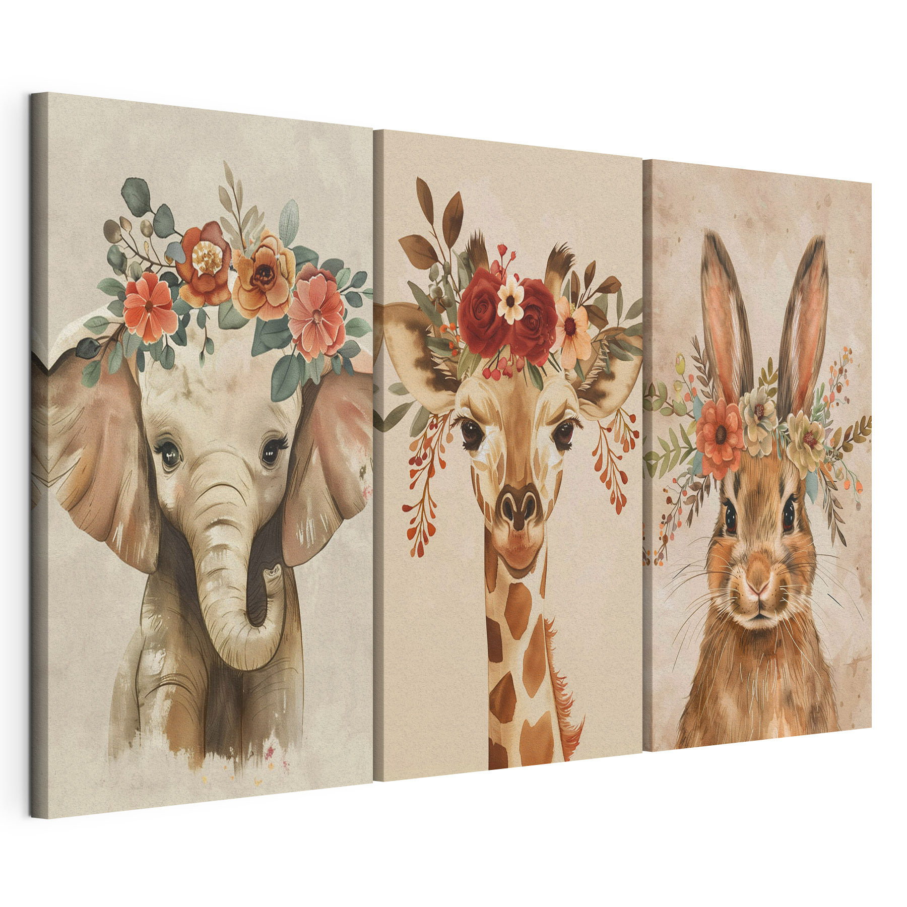 Collage of animals with flowers on their heads