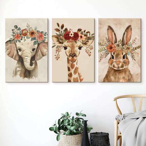 Collage of animals with flowers on their heads