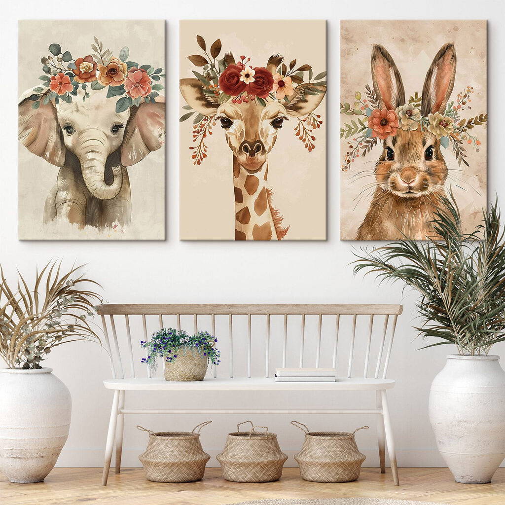Collage of animals with flowers on their heads