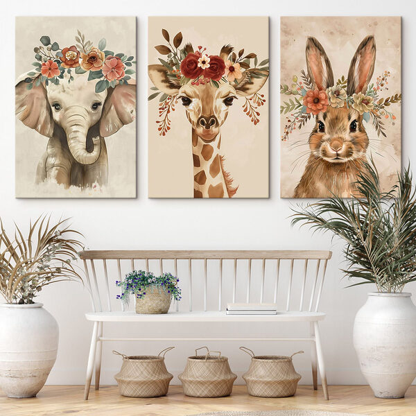 Collage of animals with flowers on their heads