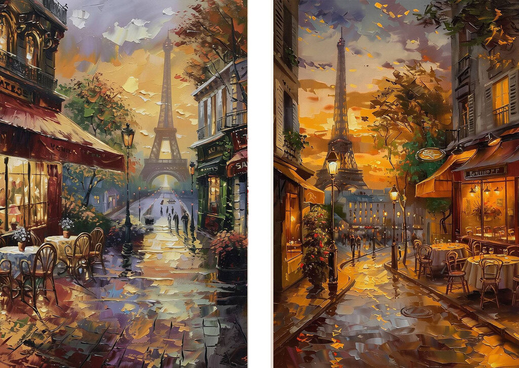 Painting of a street with a tower in the background